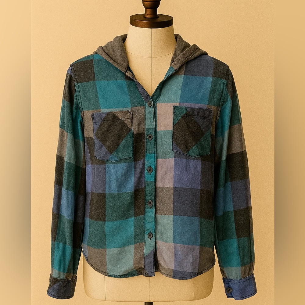 Plaid Hooded Button-Up Shirt